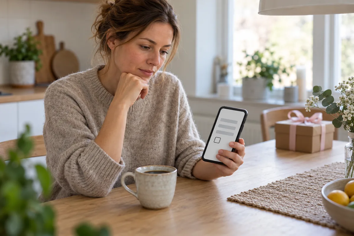 Kvinde ved et køkkenbord, der læser teksten ved et afkrydsningsfelt på mobilen, før hun deltager i en konkurrence