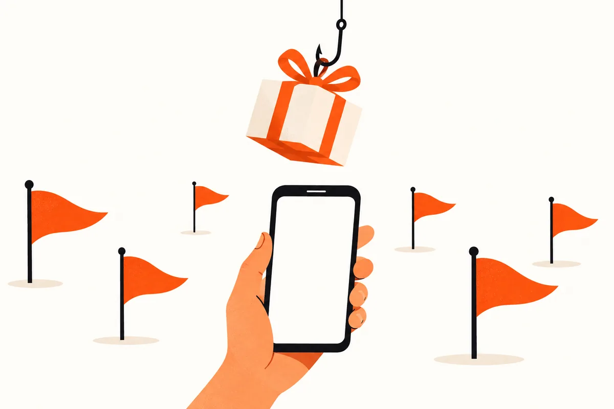 Illustration af en hånd, der holder en mobiltelefon, omgivet af små røde advarselsflag
