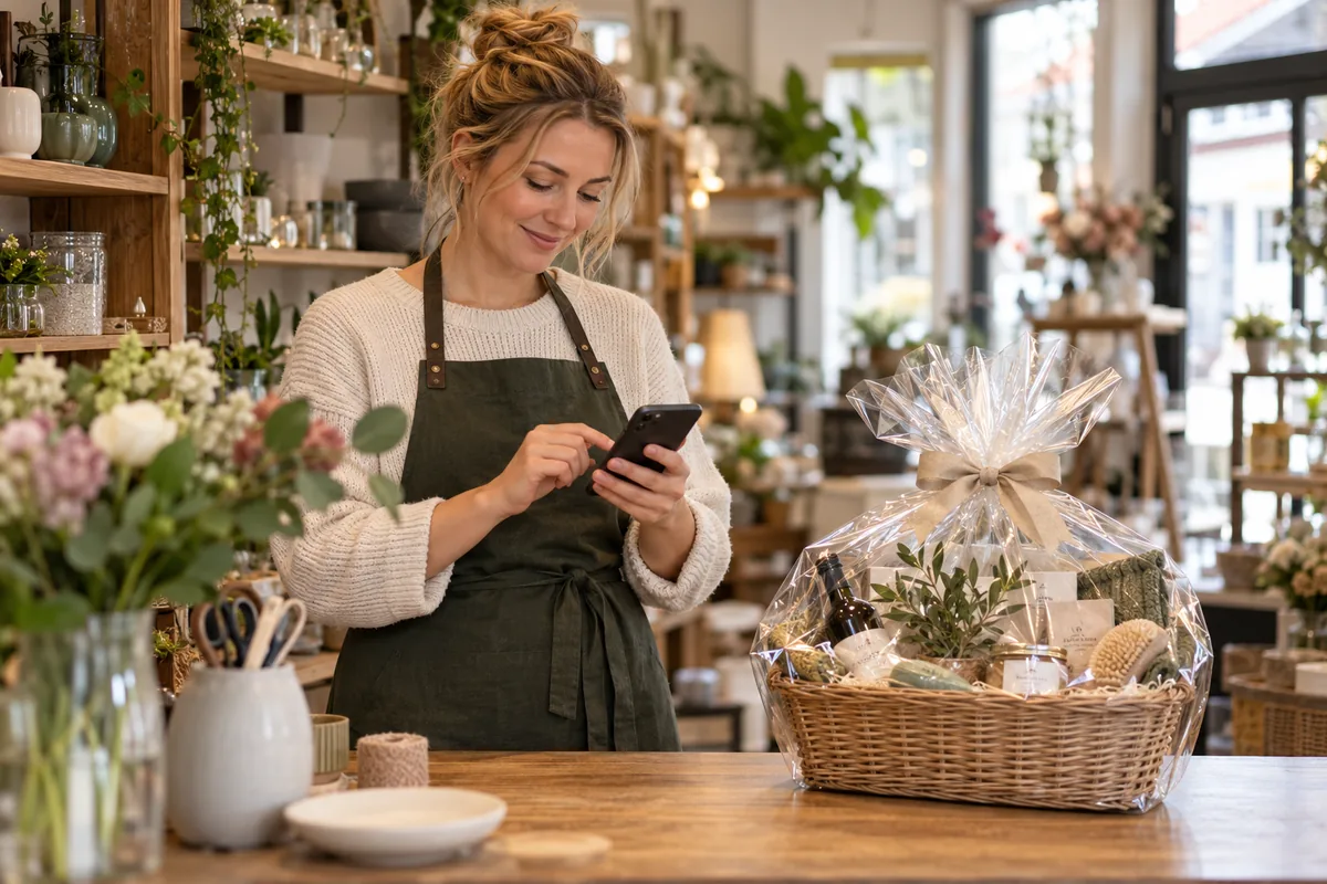 Lille butiksejer, der planlægger en konkurrence på sin telefon bag disken