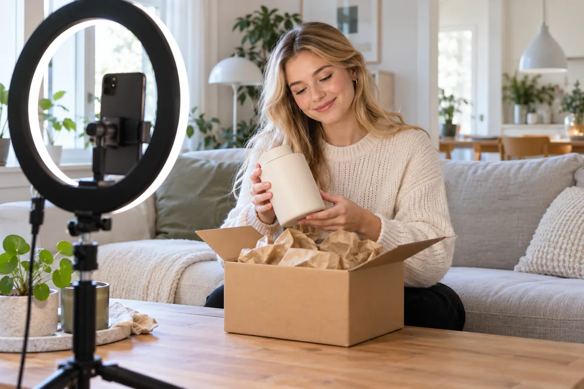 Ung person, der optager en kort video med mobilen i en lys stue