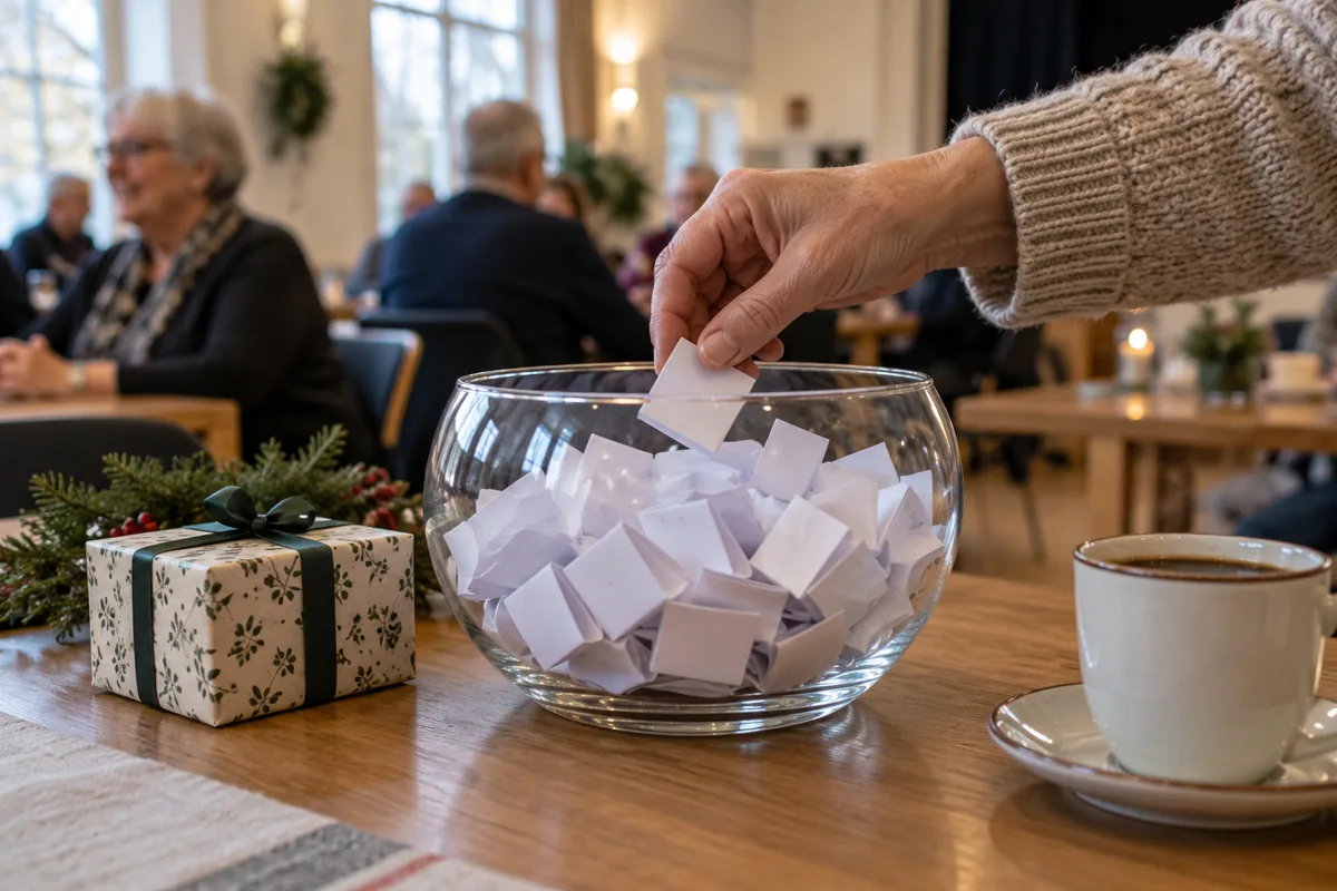 Hånd der trækker et sammenfoldet lod op af en glasskål på et bord i et foreningslokale