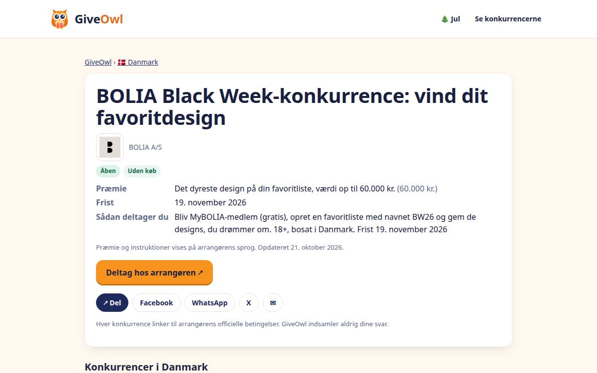 Skærmbillede af konkurrencen hos Bolia
